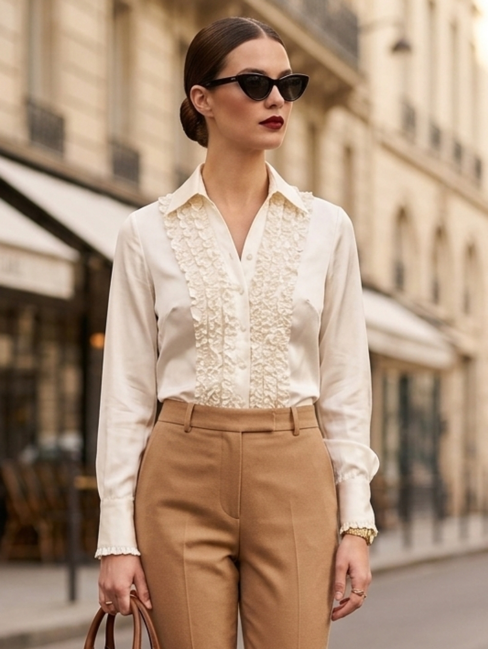 100% Silk Long Sleeve Beige Ruffle Button Down Collared Blouse size Small Smooth